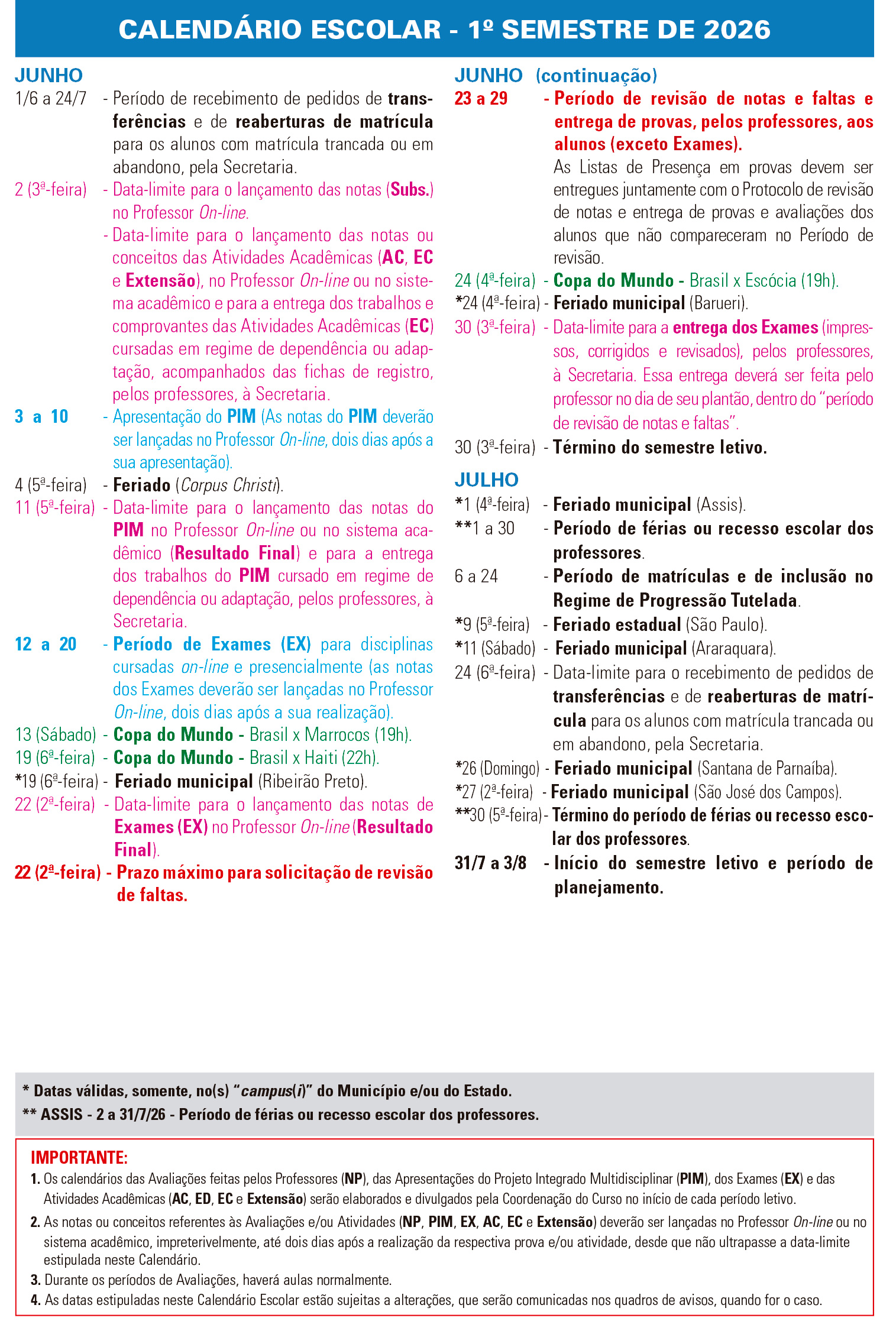 Calend&aacute;rio 2026/1 - De junho a julho de 2026