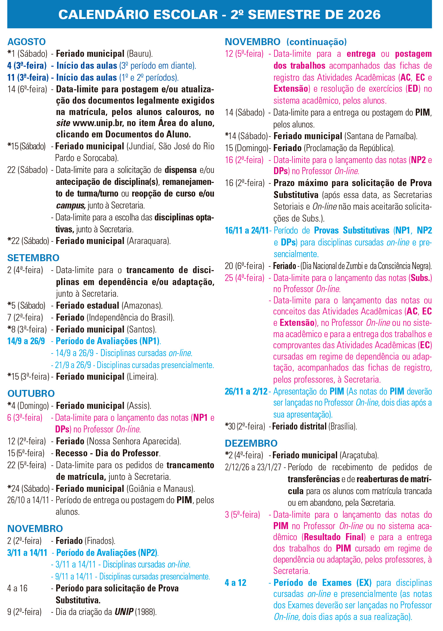 Calend&aacute;rio 2026/2 - De agosto de 2026 a dezembro de 2026