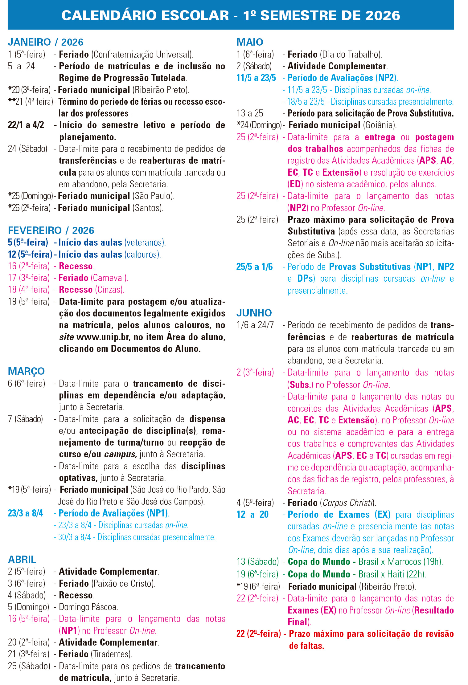 Calend&aacute;rio 2026/1 - De janeiro a junho de 2026